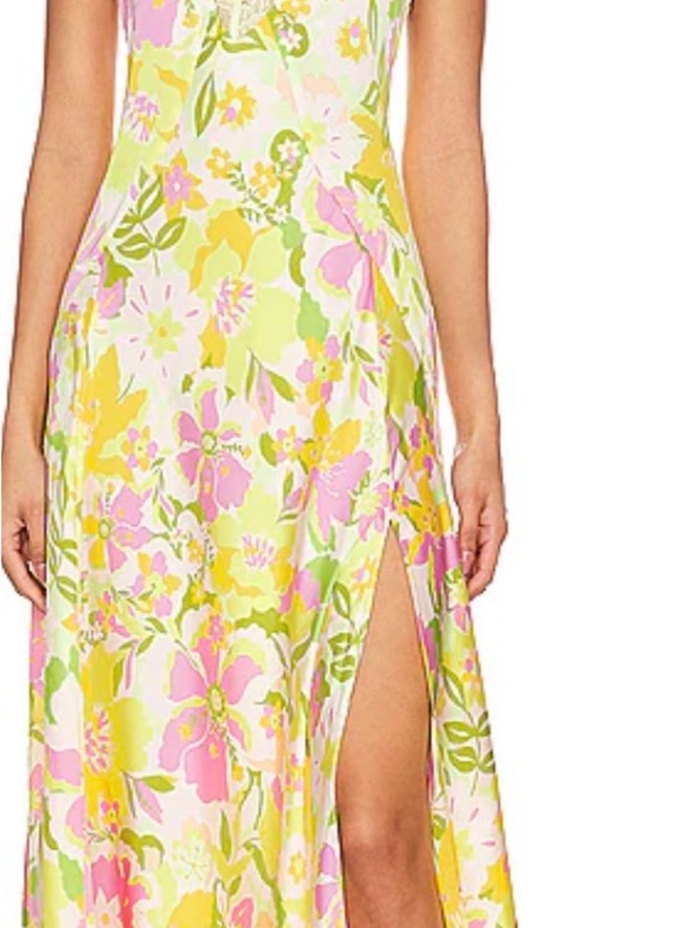 Free People All a Bloom Maxi Floral Satin Slip Dress with Slit - Yellow & Pink